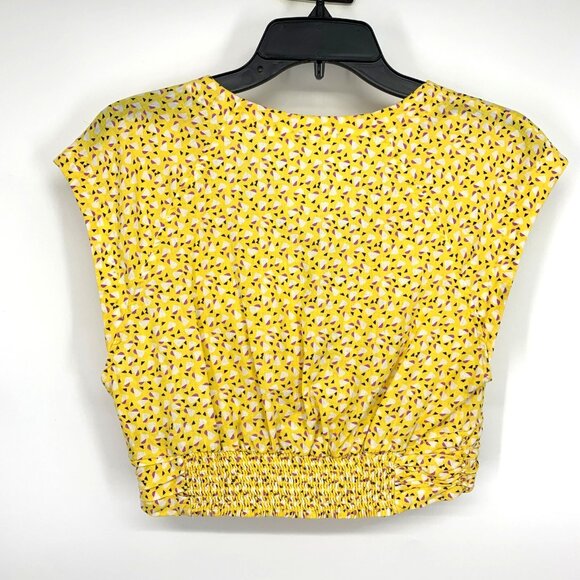 Free People Crop Top Linen Butter Yellow Havana Honey Blouse V Neck - Picture 6 of 8